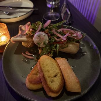 Catbird - Bone marrow - A dinner plate features a lamb chop topped with a fresh salad of radishes, greens, and onions, accompanied by toasted bread slices. - Cocktail Bars Near Me - South Berwick, Maine