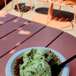 Gold Spoon Creamery - 2 scoops of Key lime pie in a waffle bowl