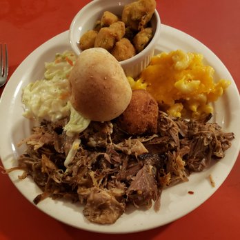 The Mecca Restaurant - BBQ plate (small) with slaw, mac n cheese, and fried okra - Breakfast & Brunch Near Me - Raleigh, North Carolina