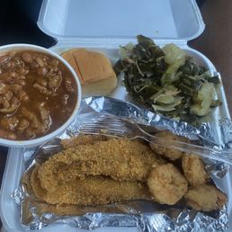 Catfish, shrimp, baked beans with ground turkey. Collard greens with cabbage. 7/10 Catfish, shrimp, baked beans with ground turkey. Collard greens with cabbage. 7/10