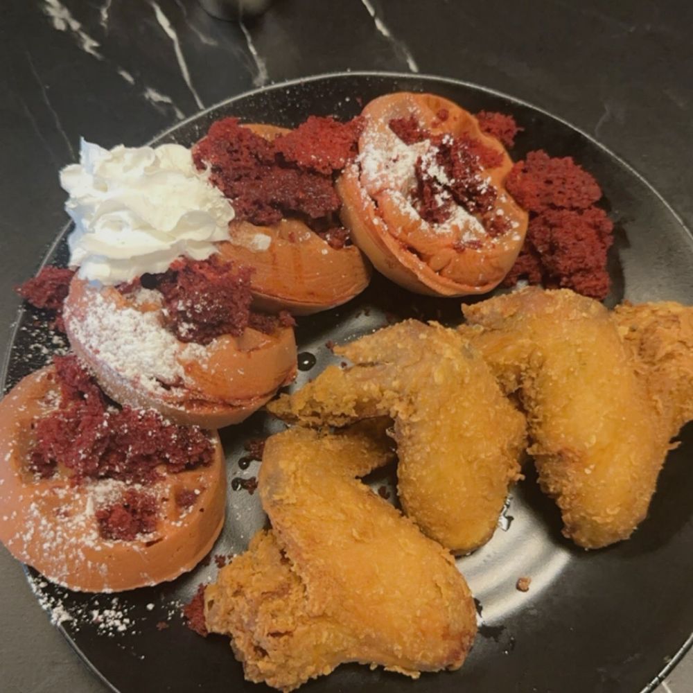 Red Velvet Waffles and fried chicken Red Velvet Waffles and fried chicken