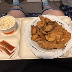 Mary Brown’s - Calgary - 2 pieces chicken, taters & coleslaw with Cayenne pepper sauce. I prefer Frank, he's hot!