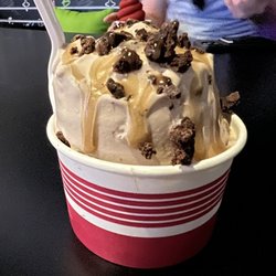 Sweet Emotion - Brownie batter ice cream (flava of the week) with brownie bits and caramel sauce (all vegan).