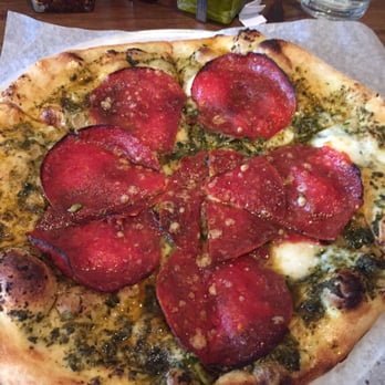 Fired Up Pizzeria - Pesto with pepperoni. (Tasty, but a VERY greasy/oily bottom) - Pizza Near Me - Durango, Colorado