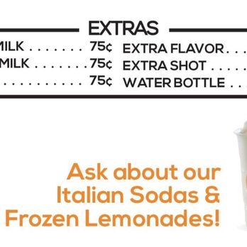 Bikini Beans Coffee - Drink menu - A menu displays additional drink options like almond, coconut, and oat milk, along with water bottles. A cup with a logo is shown beside the text. - Coffee & Tea Near Me - Goodyear, Arizona