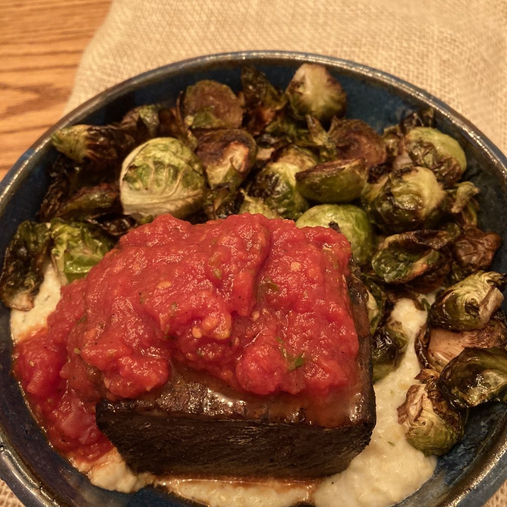 Table & Twine - Short rib with creamy polenta and crispy Brussels - Food Delivery Services Near Me - Charleston, South Carolina Table & Twine - Short rib with creamy polenta and crispy Brussels - Food Delivery Services Near Me - Charleston, South Carolina