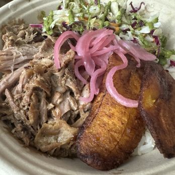 Clandestina Cocina - Lechon bowl, same yummy pork as from cubano, a little cheaper and more about the rice and beans on the bottom, and plantain rock! - Pop-Up Restaurants Near Me - San Leandro, California