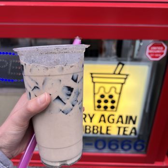 Try Again Beverage House - Sesame hojicha with grass jelly - Bubble Tea Near Me - Calgary, Alberta