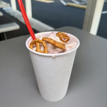 Frosty Cone - Strawberry Pretzel Salad Cyclone - with strawberries, pretzels, and marshmallow sauce - Ice Cream & Frozen Yogurt Near Me - Elizabeth, Pennsylvania