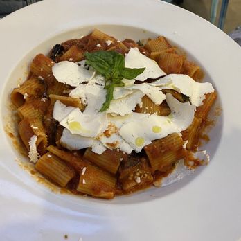 Osteria Mare Blu - Pasta "La Norma" - Rigatoni with tomato sauce, fried eggplant and dry ricotta cheese - Italian Near Me - Seal Beach, California Osteria Mare Blu - Pasta "La Norma" - Rigatoni with tomato sauce, fried eggplant and dry ricotta cheese - Italian Near Me - Seal Beach, California