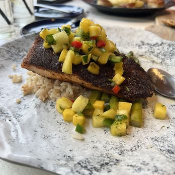 Hook & Barrel - Blackened Salmon w/ mango salsa cooked just right... pass on the rice though, go with potatoes it was better than the rice. - Seafood Near Me - Myrtle Beach, South Carolina