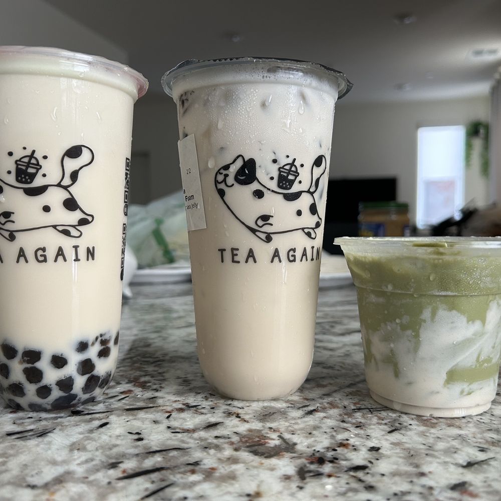 Tea Again - Jasmine Milk Tea w/Pistachio Cheese Foam, Sweet Rice Milk Tea w/Coconut Cheese Foam and complimentary Matcha Latte - Bubble Tea Near Me - Elk Grove, California Tea Again - Jasmine Milk Tea w/Pistachio Cheese Foam, Sweet Rice Milk Tea w/Coconut Cheese Foam and complimentary Matcha Latte - Bubble Tea Near Me - Elk Grove, California