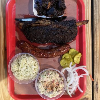 Cattleack Barbeque - Burnt ends, Beef Rib, "Hot Texan" sausage with cole slaw and potato salad - Barbeque Near Me - Dallas, Texas Cattleack Barbeque - Burnt ends, Beef Rib, "Hot Texan" sausage with cole slaw and potato salad - Barbeque Near Me - Dallas, Texas