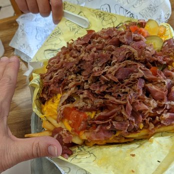 The Hat - Pastrami chili cheese fries, with pickles and tomatoes. - Sandwiches Near Me - Brea, California