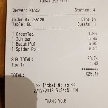 Volcano Japanese Restaurant - The bill waitresses awesome - Japanese Near Me - Morgantown, West Virginia