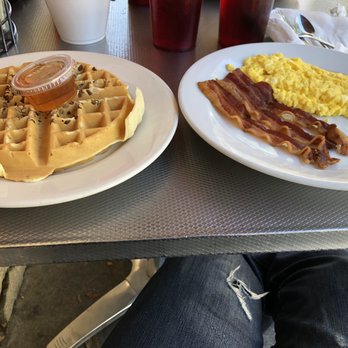 Clary's Cafe - Honey pecan waffle with a side of bacon and eggs - Breakfast & Brunch Near Me - Savannah, Georgia