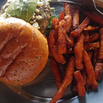 Eureka! - Turkey Chipotle Burger and Sweet Potato Fries...yes that's avocado! - American Near Me - Austin, Texas Eureka! - Turkey Chipotle Burger and Sweet Potato Fries...yes that's avocado! - American Near Me - Austin, Texas