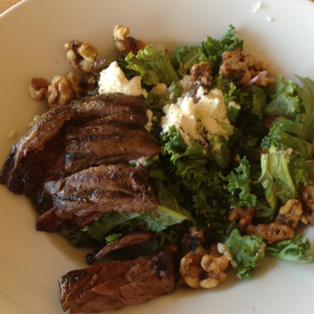 River Grill Restaurant - Skirt Steak Salad with candied walnuts and goat cheese. - American Near Me - Moab, Utah River Grill Restaurant - Skirt Steak Salad with candied walnuts and goat cheese. - American Near Me - Moab, Utah