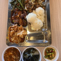 Eggplant, black pepper chicken, spicy Sichuan fish, green beans. Served with complimentary soup and jalapeño peppers Eggplant, black pepper chicken, spicy Sichuan fish, green beans. Served with complimentary soup and jalapeño peppers