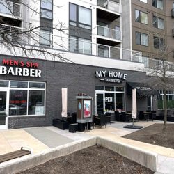 Barber & Men’s Spa - Outside / Exterior of shop - to left of My Home Thai Bistro (yum! Stop in! Read my review) and Super Chicken (also yum!)