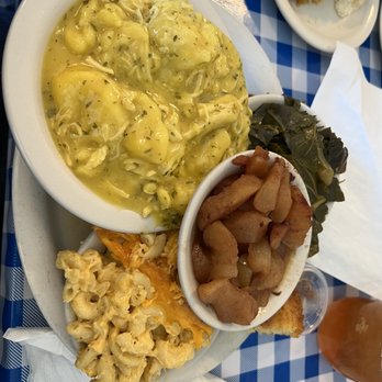 Moose Cafe - Chicken and dumplings with collards, stewed apples, mac n cheese and cornbread - Southern Near Me - Colfax, North Carolina