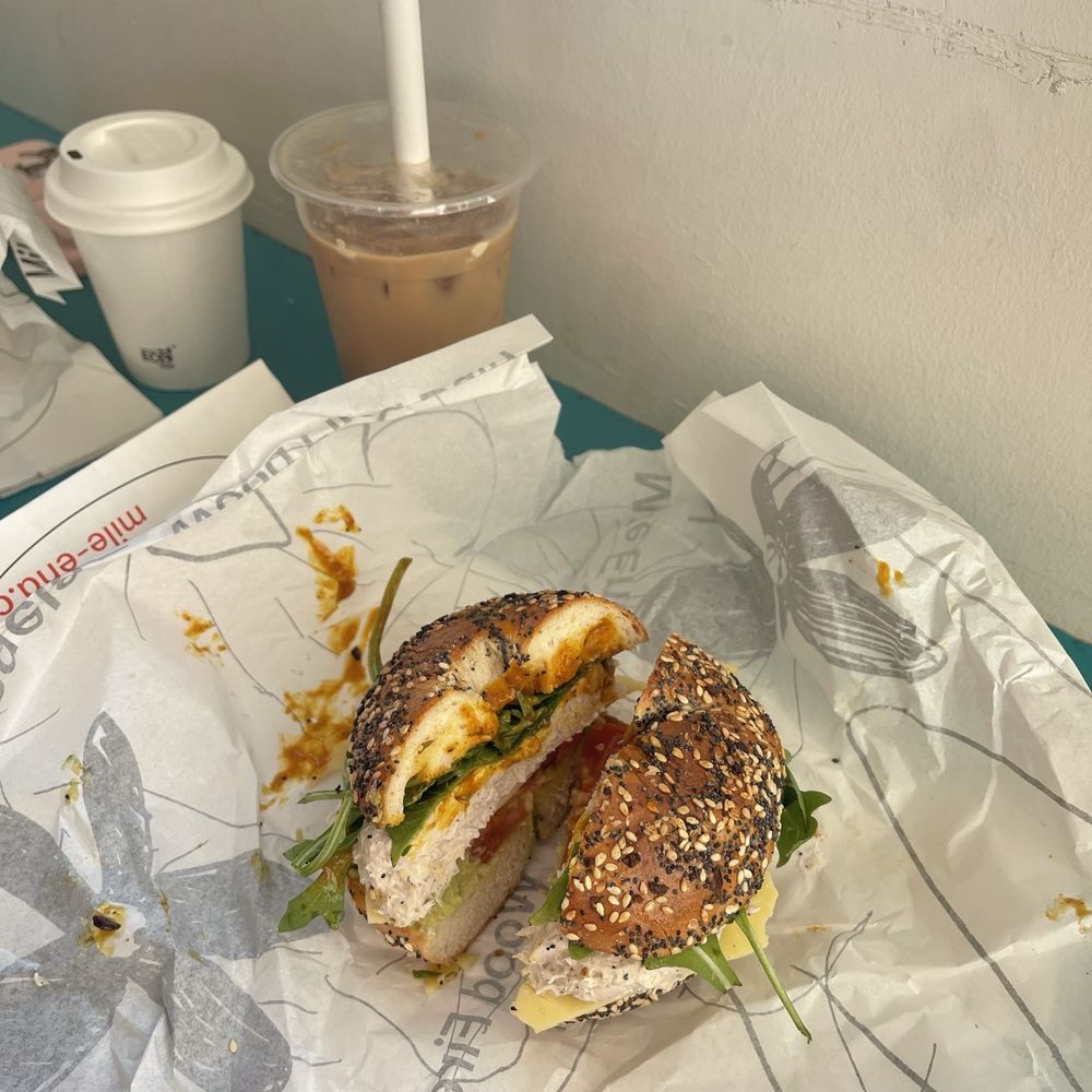 Mile End Bagels - Chicken salad bagel + iced latte - Bakeries Near Me - Fitzroy, VIC