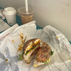 Mile End Bagels - Chicken salad bagel + iced latte
