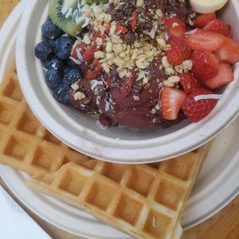 Waffle and Berry - An acai bowl, with fresh waffles added on. - Waffles Near Me - Honolulu, Hawaii