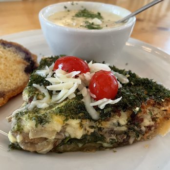 Rebecca's Bistro - Quiche (Bacon, Spinach, and Mushroom), potato & bacon soup, Blueberry bread. Follow @ohiofoodlover on Instagram - Cafes Near Me - Walnut Creek, Ohio