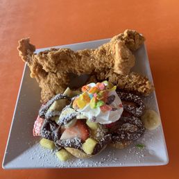 Kids' Chicken Strips & Waffles with fruit and Nutella Kids' Chicken Strips & Waffles with fruit and Nutella