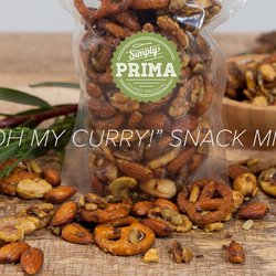 Simply Prima - Gluten free pretzels, nuts with a sweet and spicy curry coating.