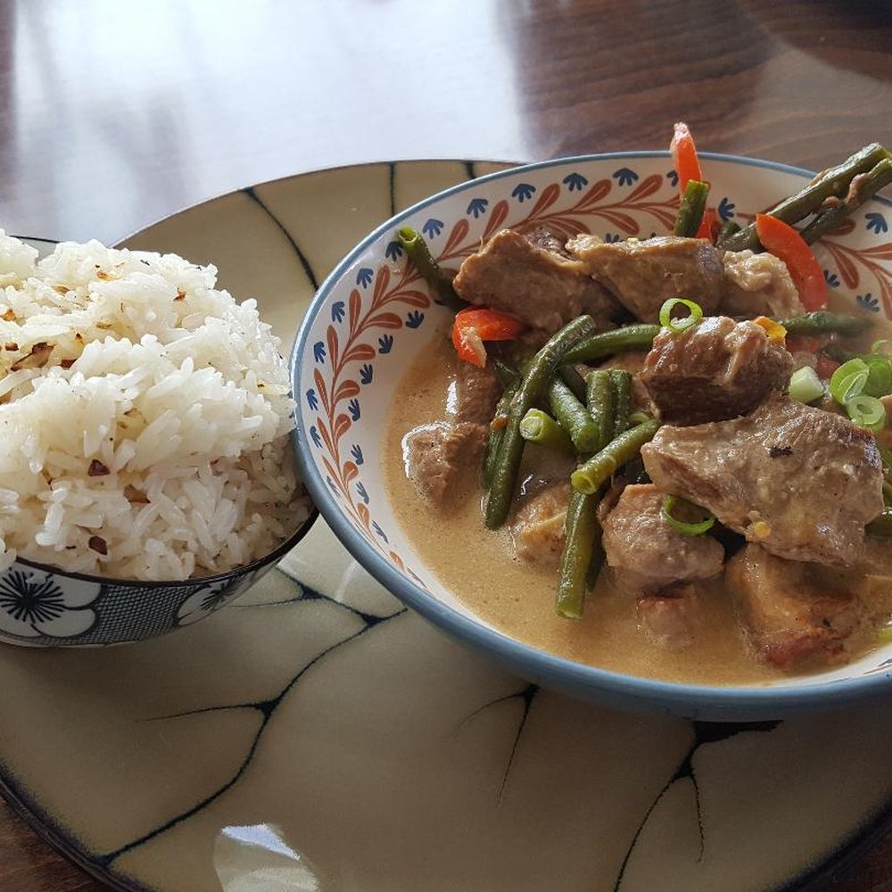 Karenderya - Bicol Pork Express with garlic rice. It definitely had some spice to it. - Filipino Near Me - Nyack, New York Karenderya - Bicol Pork Express with garlic rice. It definitely had some spice to it. - Filipino Near Me - Nyack, New York