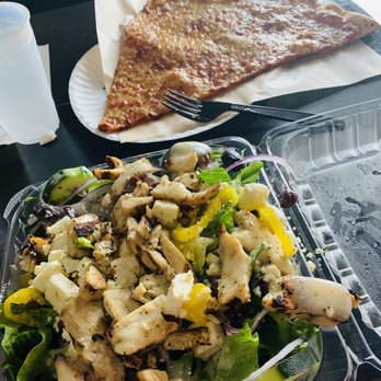 Brooklyn Pie Co. - Greek salad with warm grilled chicken! So good!! Cheese pizza slice in the background. - Pizza Near Me - Corpus Christi, Texas Brooklyn Pie Co. - Greek salad with warm grilled chicken! So good!! Cheese pizza slice in the background. - Pizza Near Me - Corpus Christi, Texas