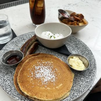 Openaire - "Line Breakfast" 2 Eggs, Pancakes, Potatoes, Chicken Sausage - New American Near Me - Los Angeles, California Openaire - "Line Breakfast" 2 Eggs, Pancakes, Potatoes, Chicken Sausage - New American Near Me - Los Angeles, California
