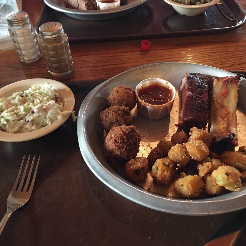 Bowie Barbeque - Fabulous 599 lunch plate with barbecued ribs hush puppies fried okra and coleslaw all were the best!!!! - Barbeque Near Me - Brookhaven, Mississippi