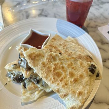 Thanks A Latte - Mushroom quesadilla--yummy & filling! Comes with salsa or sour cream on the side. Pictured: hibiscus iced tea - Coffee & Tea Near Me - Camp Verde, Arizona