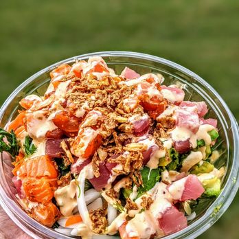 Poke Bowlz - BYO salad bowl with ahi tuna, spicy salmon, toppings, and Sriracha aioli - Poke Near Me - Fort Mill, South Carolina Poke Bowlz - BYO salad bowl with ahi tuna, spicy salmon, toppings, and Sriracha aioli - Poke Near Me - Fort Mill, South Carolina
