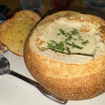 BJ's Restaurant & Brewhouse - Clam chowder with sour dough bread bowl. Although there wasn't much clam to taste. - New American Near Me - Glendale, California BJ's Restaurant & Brewhouse - Clam chowder with sour dough bread bowl. Although there wasn't much clam to taste. - New American Near Me - Glendale, California