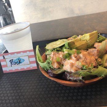 Laid Back Poke Shack - Regular sized half salad half white rice bowl with Spicy Ahi, cucumber, green onion, and avocado. - Poke Near Me - Lehi, Utah Laid Back Poke Shack - Regular sized half salad half white rice bowl with Spicy Ahi, cucumber, green onion, and avocado. - Poke Near Me - Lehi, Utah