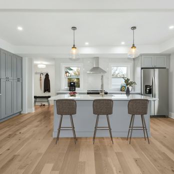 Kitchens by Lombco - Kitchen remodel with gray cabinets, white quartz counters, and white oak floors - General Contractors Near Me - Tewksbury, Massachusetts Kitchens by Lombco - Kitchen remodel with gray cabinets, white quartz counters, and white oak floors - General Contractors Near Me - Tewksbury, Massachusetts
