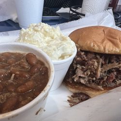 Blue Ridge Mountain Bar-B-Q - Pulled pork sandwich, baked beans, and potato salad