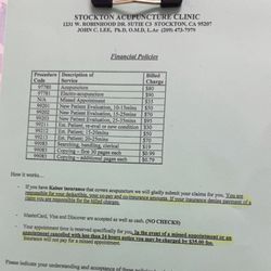 Stockton Acupuncture Clinic - List of fees. Be sure to keep your appointment cards if you decide to come here to prove you don't have any missed appointment.