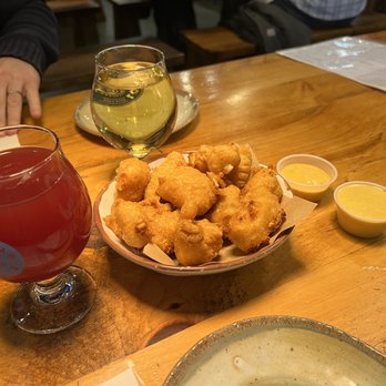 Longtable Beer Cafe - Cheese curds, some of the best we've had. Lots of dipping sauces too. Honey Sriracha Aioli and Beer Cheese were - Bars Near Me - Middleton, Wisconsin