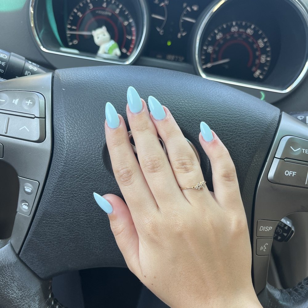 Blue gel extension nails long almond shape