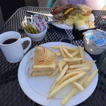 Good Life Cafe - bacon & egg breakfast (back) turkey melt with cheese with a side of fries (front) - Vegetarian Near Me - Mammoth Lakes, California