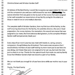 Windsor Gardens Convalescent Hospital of Los Angeles - Family of resident Thank You letter.