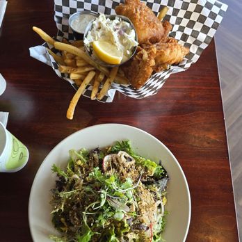 Blackfish Cafe - Weeds salad and fish & chips. Super salty!!! - Breakfast & Brunch Near Me - Eastsound, Washington