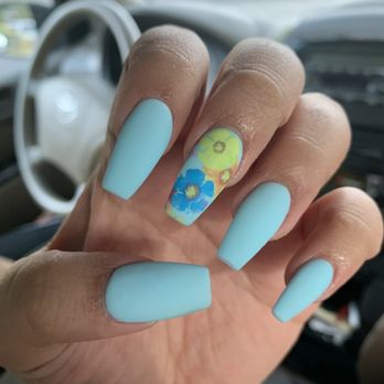 Winchester Nails - Acrylic coffin shaped Matte baby blue gel with cute flowers!! - Nail Salons Near Me - San Jose, California Winchester Nails - Acrylic coffin shaped Matte baby blue gel with cute flowers!! - Nail Salons Near Me - San Jose, California