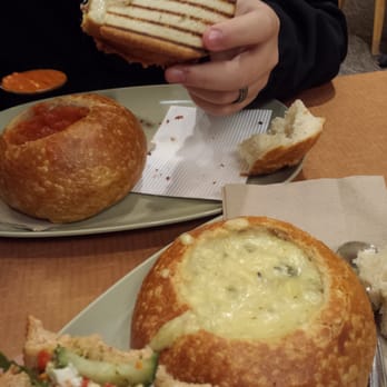 Panera Bread - Mediterranean veggie with chicken wild rice bread bowl and tomato soup and a Fontaine grilled cheese - Salad Near Me - Elizabeth City, North Carolina Panera Bread - Mediterranean veggie with chicken wild rice bread bowl and tomato soup and a Fontaine grilled cheese - Salad Near Me - Elizabeth City, North Carolina