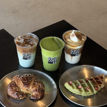 Grid Coffee - blue lavender coffee, double matcha, einspanner latte, pretzel croissant, matcha croffle - Coffee & Tea Near Me - Santa Ana, California